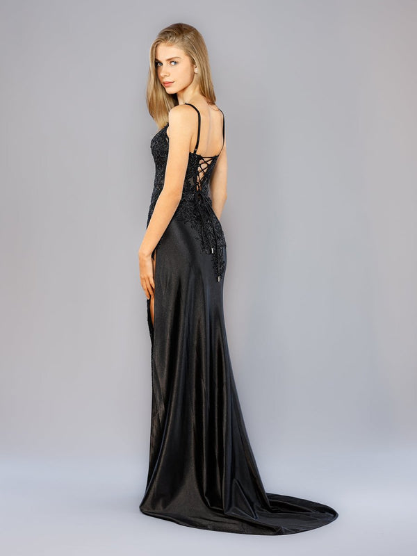 Sheath Spaghetti Straps Black Satin Long Prom Dresses with Lace Appliques – Prom Dress by KissProm | Available at KissProm