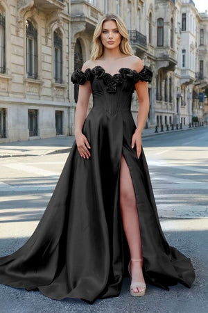 Fuchsia Off the Shoulder Corset Bodice A - Line Prom Dress - KissProm