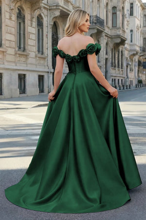 Fuchsia Off the Shoulder Corset Bodice A - Line Prom Dress - KissProm