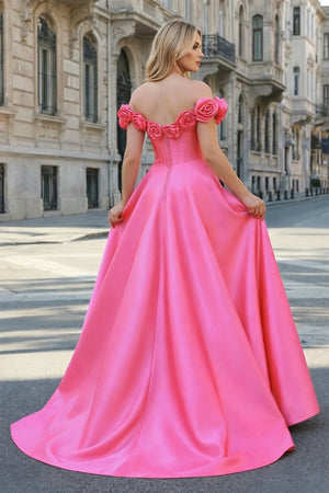 Fuchsia Off the Shoulder Corset Bodice A - Line Prom Dress - KissProm