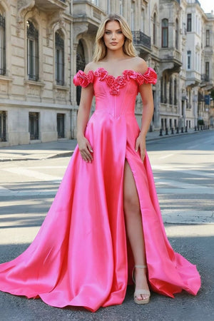 Fuchsia Off the Shoulder Corset Bodice A - Line Prom Dress - KissProm