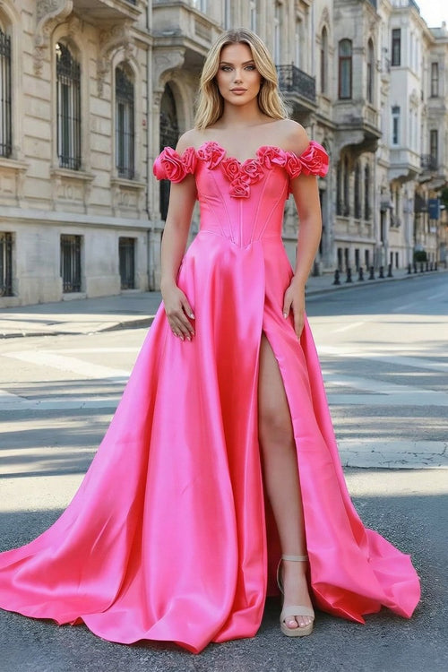 Fuchsia Off the Shoulder Corset Bodice A - Line Prom Dress - KissProm