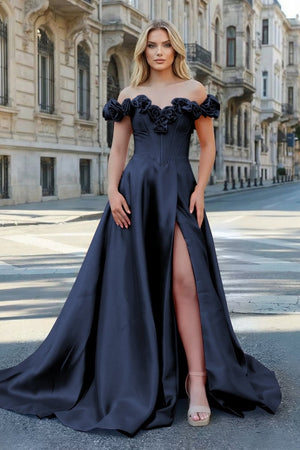 Fuchsia Off the Shoulder Corset Bodice A - Line Prom Dress - KissProm
