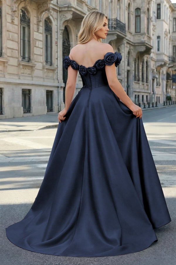 Fuchsia Off the Shoulder Corset Bodice A - Line Prom Dress - KissProm