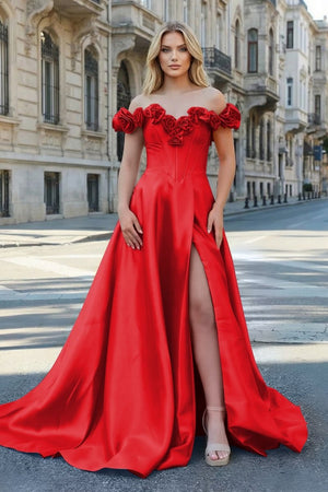 Fuchsia Off the Shoulder Corset Bodice A - Line Prom Dress - KissProm
