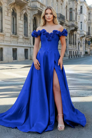 Fuchsia Off the Shoulder Corset Bodice A - Line Prom Dress - KissProm