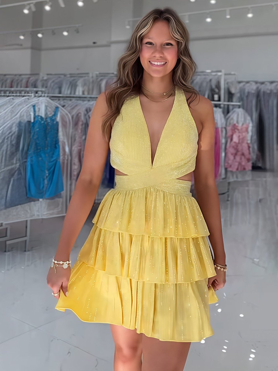 Yellow - V Neck A Line Cutout Satin Tiered Homecoming Dress With Beading – Homecoming Dress by KissProm | Available at KissProm
