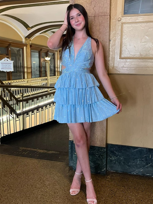 Blue - V Neck A Line Cutout Satin Tiered Homecoming Dress With Beading – Homecoming Dress by KissProm | Available at KissProm