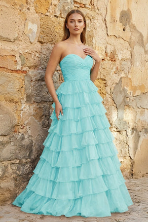 Sweetheart Blue Chiffon Tiered A - line Prom Dresses - KissProm