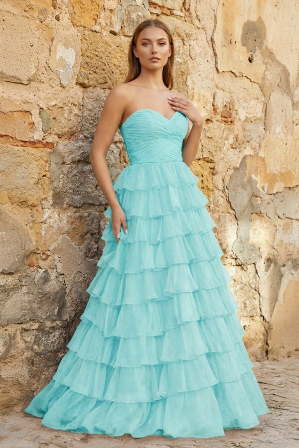 Sweetheart Blue Chiffon Tiered A - line Prom Dresses - KissProm