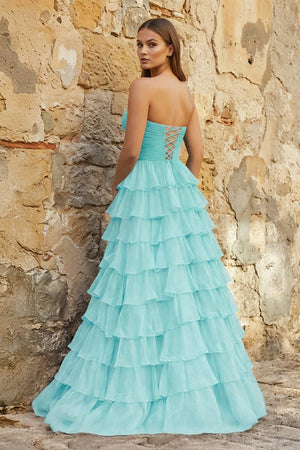 Sweetheart Blue Chiffon Tiered A - line Prom Dresses - KissProm