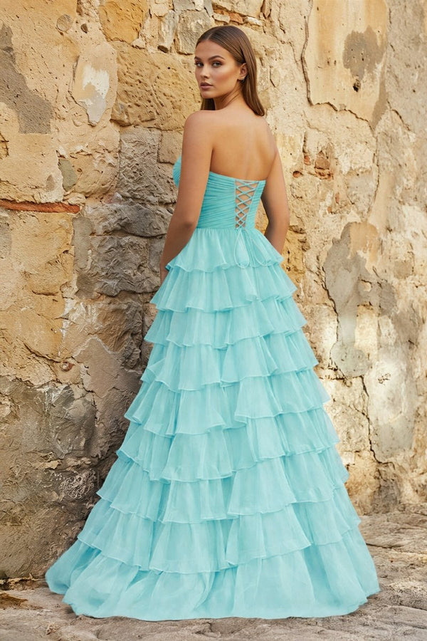 Sweetheart Blue Chiffon Tiered A - line Prom Dresses - KissProm