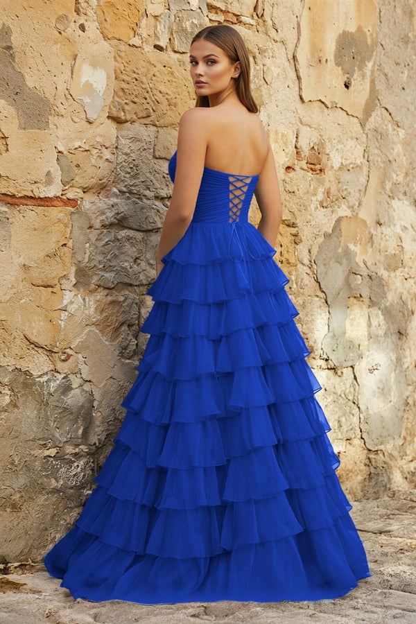 Sweetheart Blue Chiffon Tiered A - line Prom Dresses - KissProm
