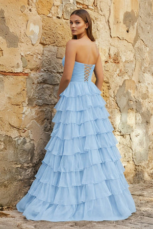 Sweetheart Blue Chiffon Tiered A - line Prom Dresses - KissProm