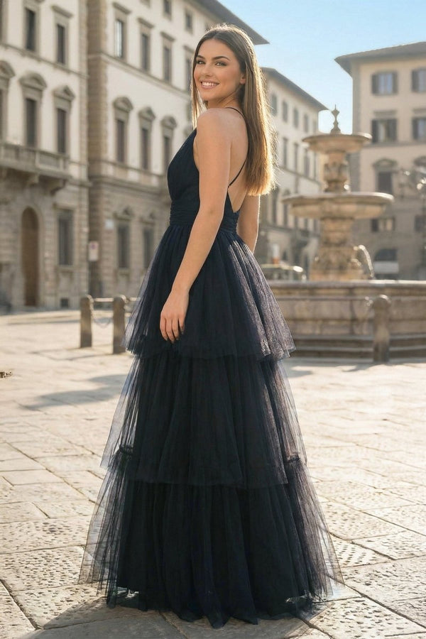 Black A - line Deep Spaghetti Straps Cross Back Tulle Multi - Layers Long Prom Dress - KissProm