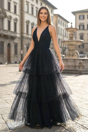 Black A - line Deep Spaghetti Straps Cross Back Tulle Multi - Layers Long Prom Dress - KissProm