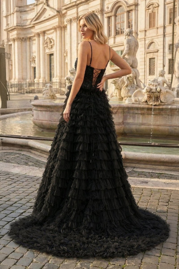 Black A - Line Tiered Sequins Tulle Long Prom Dress - KissProm