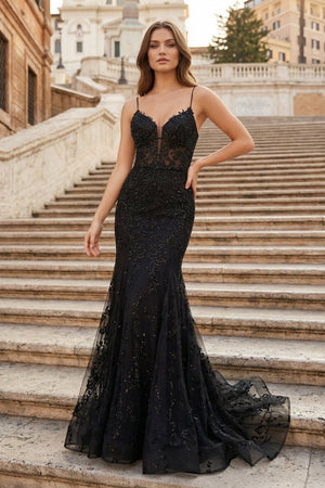 Black Appliques Plunge V Lace-Up Trumpet Prom Gown – Prom Dress by KissProm | Available at KissProm