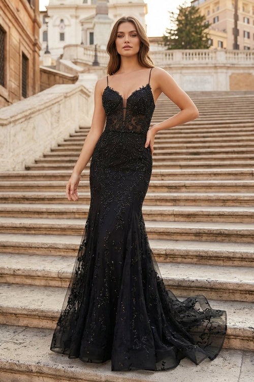 Black Appliques Plunge V Lace-Up Trumpet Prom Gown – Prom Dress by KissProm | Available at KissProm