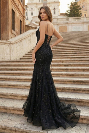 Black Appliques Plunge V Lace-Up Trumpet Prom Gown – Prom Dress by KissProm | Available at KissProm