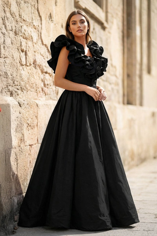 Red Ruffle V Neck Satin A - Line Long Prom Dresses - KissProm