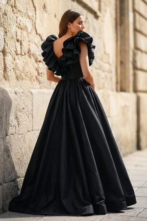 Red Ruffle V Neck Satin A - Line Long Prom Dresses - KissProm