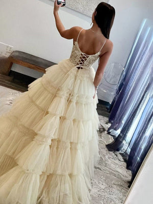 Hadlee | Black Beaded Spaghetti Strap Ruffle Tiered Ball Gown