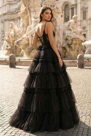 Black Beaded Spaghetti Strap Ruffle Tiered Ball Gown - KissProm