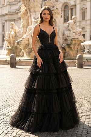Black Beaded Spaghetti Strap Ruffle Tiered Ball Gown - KissProm