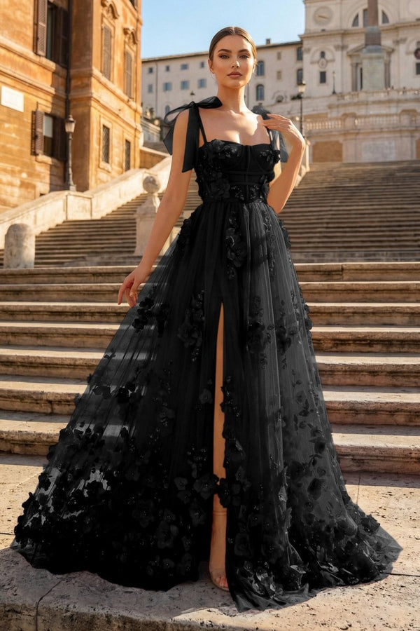 Scarlet Tulle A - line 3D Flower Long Prom Dress With Slit - KissProm