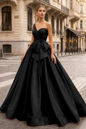 One Shoulder Satin A Line Prom Dress With Bow - KissProm