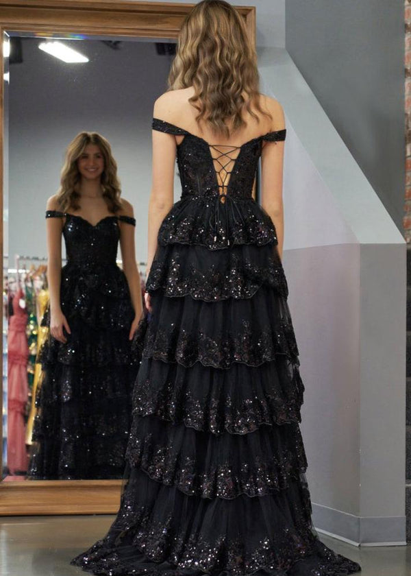 A-Line Lace Off-the-Shoulder Tiered Long Prom Dress with Slit – Prom Dress by KissProm | Available at KissProm