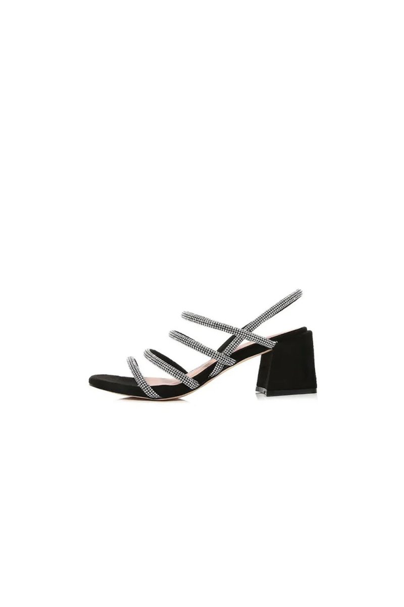 Black Rhinestones Strappy Chunky Heels - KissProm