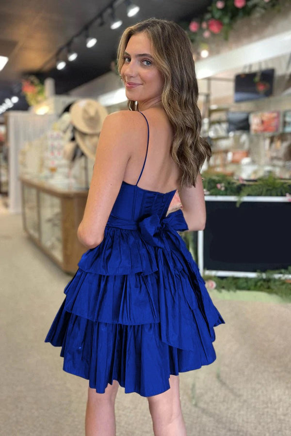 Ivilia | Black Spaghetti Straps Satin A-Line Ruffled Short Corset Homecoming Dress with Bow