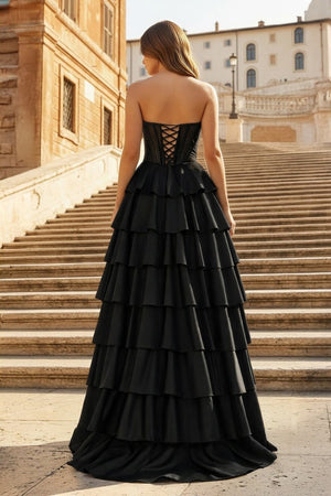 Gray Sweetheart A Line Satin Ruffled Long Prom Dresses With Slit - KissProm
