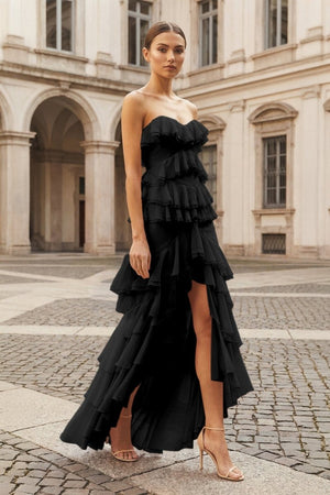 Pink Strapless Sheath Chiffon Ruffled Long Prom Dresses – Prom Dress by KissProm | Available at KissProm
