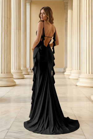 Yellow Spaghetti Straps Mermaid Satin Ruffled Long Prom Dresses With Slit - KissProm