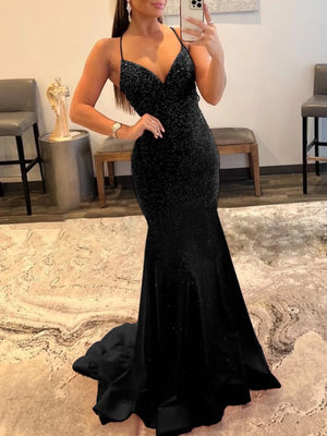 Mermaid V Neck Glitter Satin Prom Dress – Prom Dress by KissProm | Available at KissProm