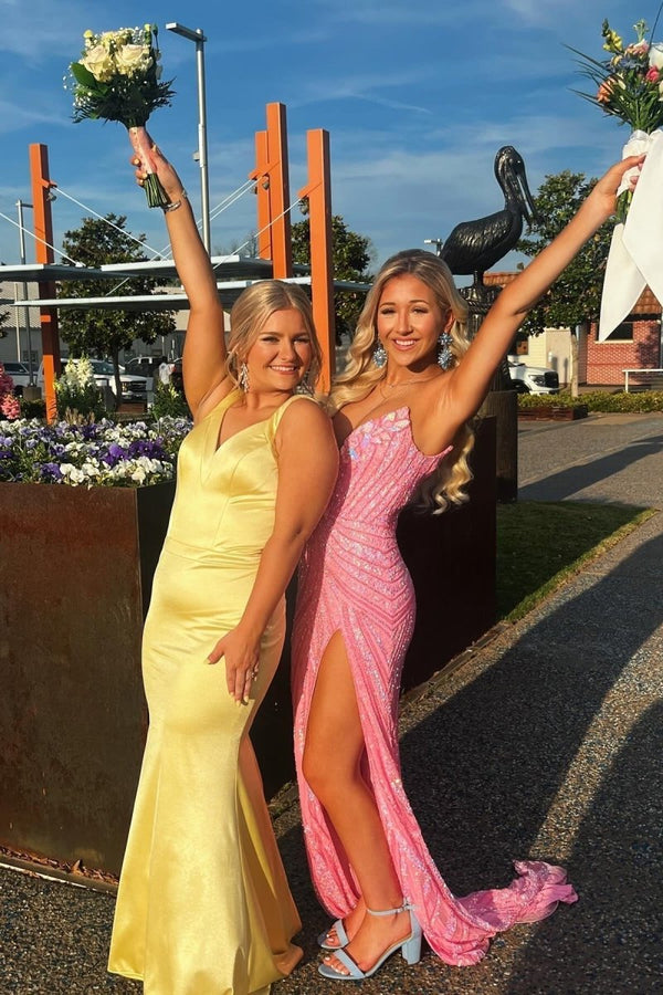 Yellow Mermaid Satin V Neck Long Prom Party Dress – Prom Dresses by KissProm | Available at KissProm