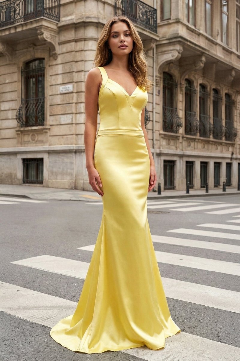Yellow Mermaid Satin V Neck Long Prom Party Dress – Prom Dresses by KissProm | Available at KissProm