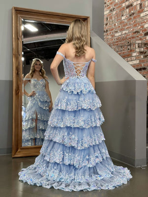 A-Line Lace Off-the-Shoulder Tiered Long Prom Dress with Slit – Prom Dress by KissProm | Available at KissProm