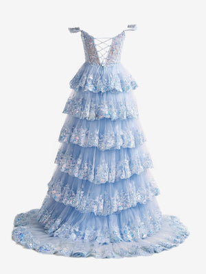 A-Line Lace Off-the-Shoulder Tiered Long Prom Dress with Slit – Prom Dress by KissProm | Available at KissProm