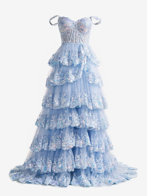 A-Line Lace Off-the-Shoulder Tiered Long Prom Dress with Slit – Prom Dress by KissProm | Available at KissProm