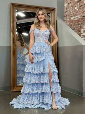 A-Line Lace Off-the-Shoulder Tiered Long Prom Dress with Slit – Prom Dress by KissProm | Available at KissProm