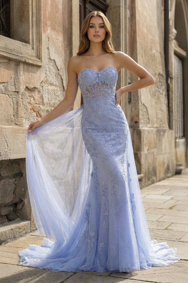 Blue Mermaid Sweetheart Neck Lace Long Prom Dress With Appliques - KissProm