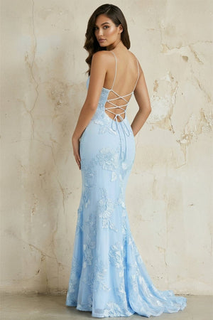 Sky Blue Spaghetti Straps Mermaid Tulle Long Prom Dresses With Appliques – Prom Dress by KissProm | Available at KissProm