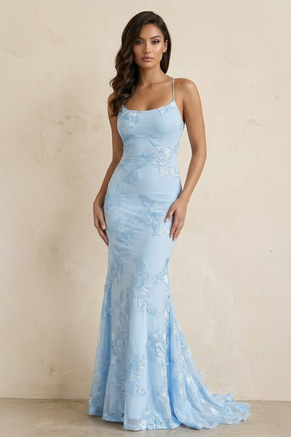Sky Blue Spaghetti Straps Mermaid Tulle Long Prom Dresses With Appliques – Prom Dress by KissProm | Available at KissProm