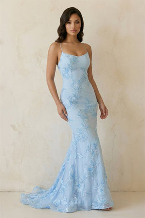 Sky Blue Spaghetti Straps Mermaid Tulle Long Prom Dresses With Appliques – Prom Dress by KissProm | Available at KissProm