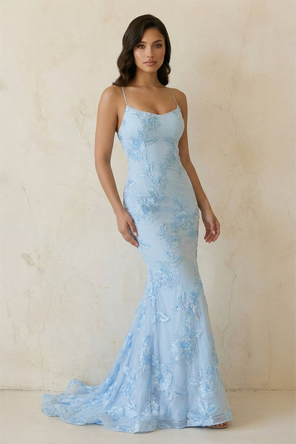 Sky Blue Spaghetti Straps Mermaid Tulle Long Prom Dresses With Appliques – Prom Dress by KissProm | Available at KissProm