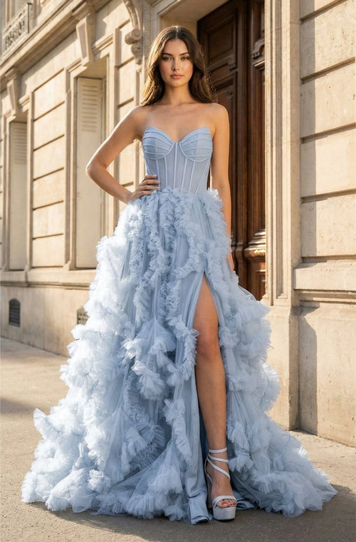 Blue Strapless Ruffle Tulle A - Line Long Prom Dresses with Slit - KissProm